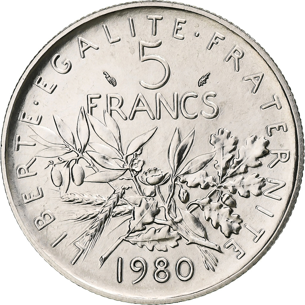 Francia, 5 Francs, Semeuse, 1980, Monnaie de Paris, série FDC, Rame-nichel