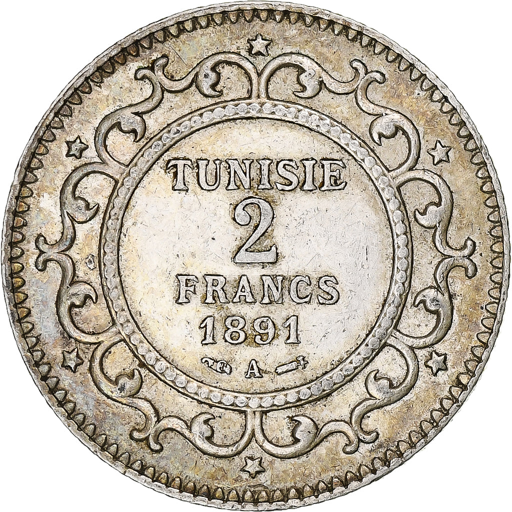 France, Tunisie, 2 Francs, 1891, Paris, Silver, AU(50-53), KM:225