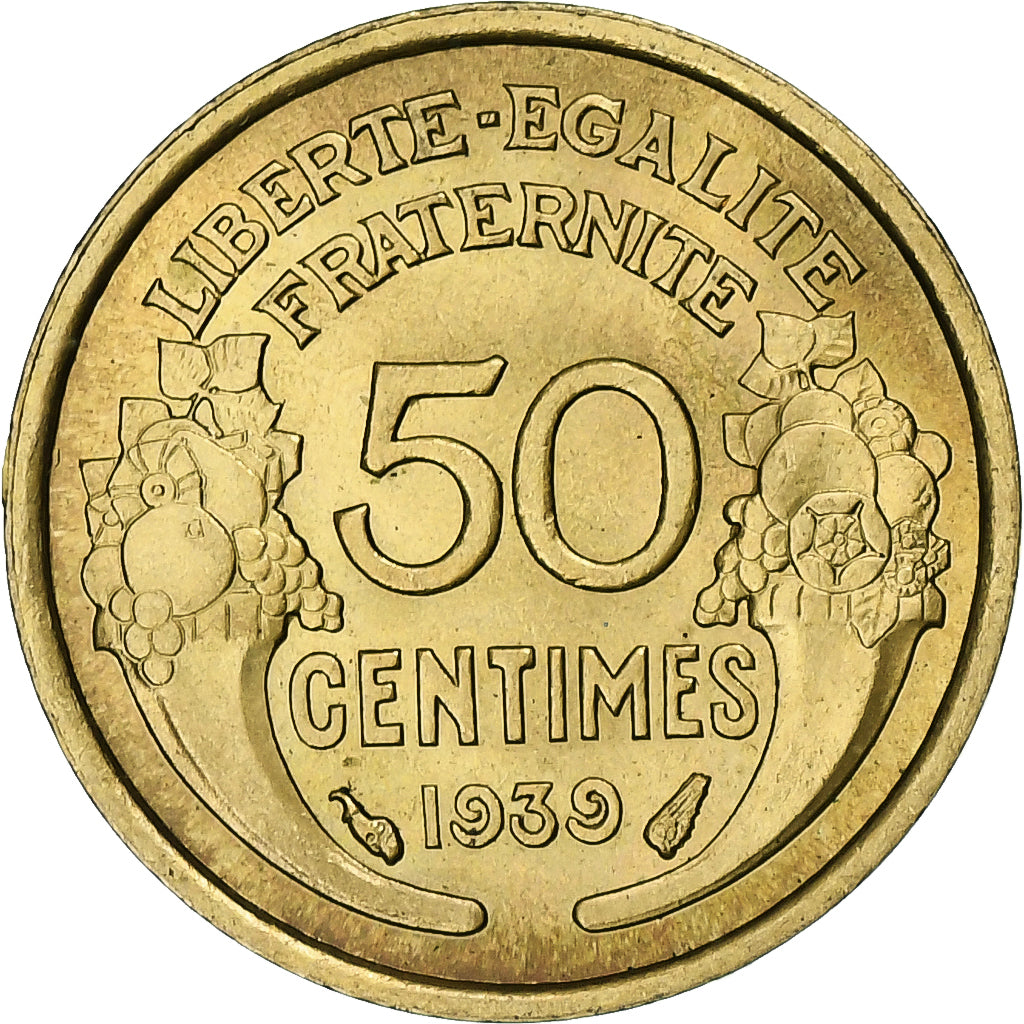 France, 50 Centimes, Morlon, 1939, Paris, Cupro-Aluminium, MS(63), KM:894.1