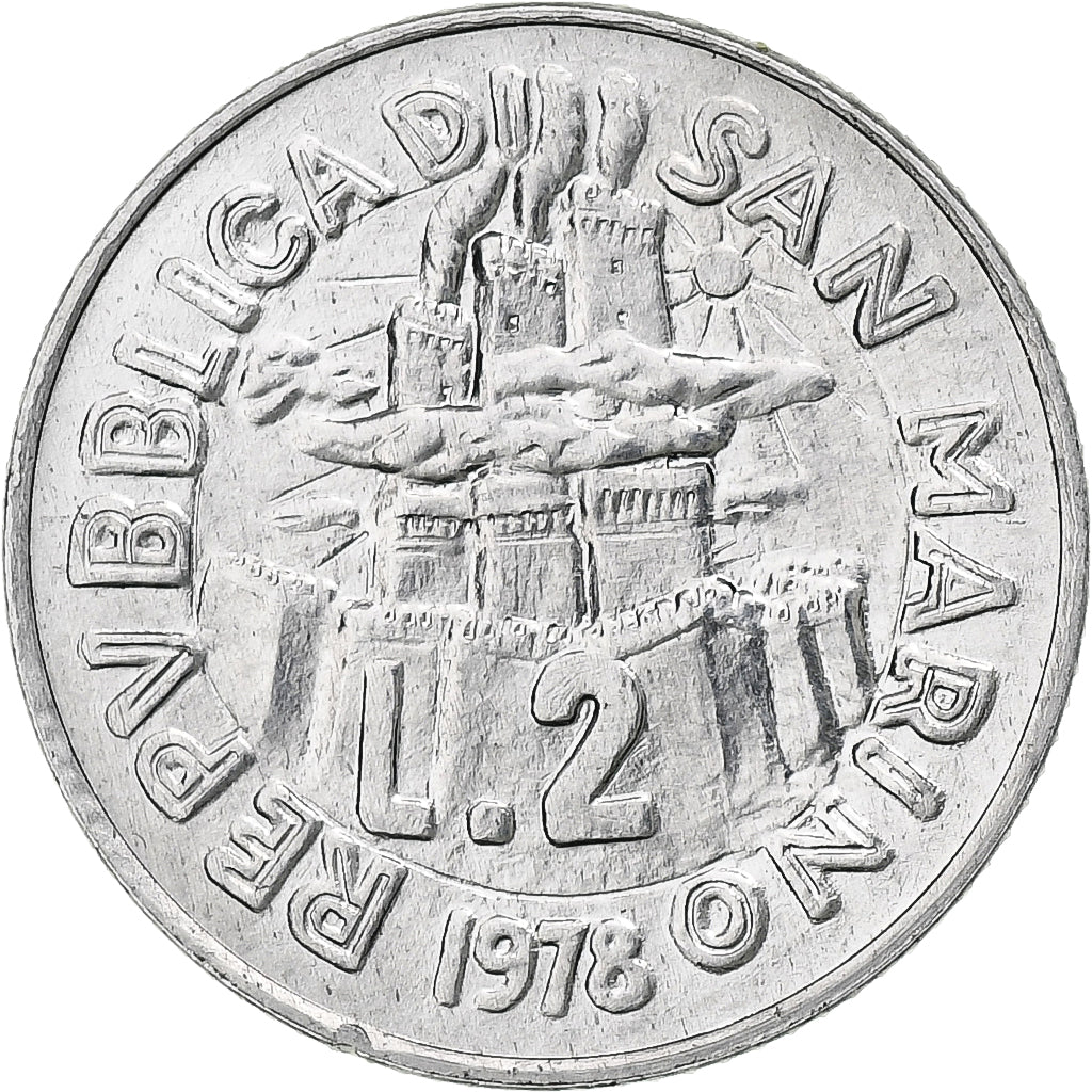 San Marino, 2 Lire, Work Life, 1978, Rome, BU, Aluminum, MS(63), KM:77