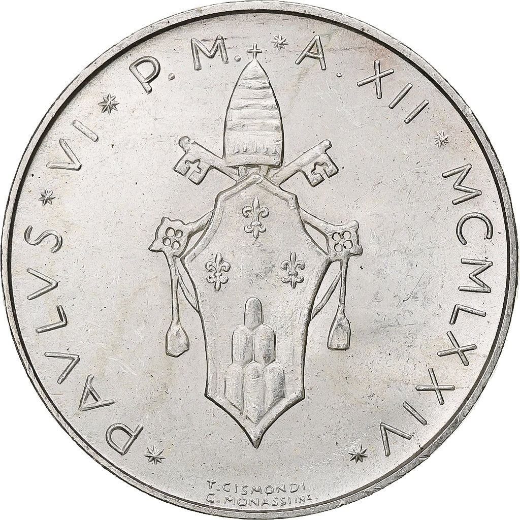 Vaticano, Paul VI, 500 Lire, 1974 / Anno XII, Rome, Prata, MS(60-62), KM:123