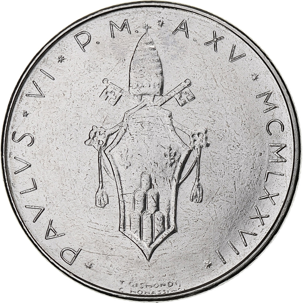 Vaticano, Paul VI, 100 Lire, 1977 / Anno XV, Rome, Aço Inoxidável, MS(63)