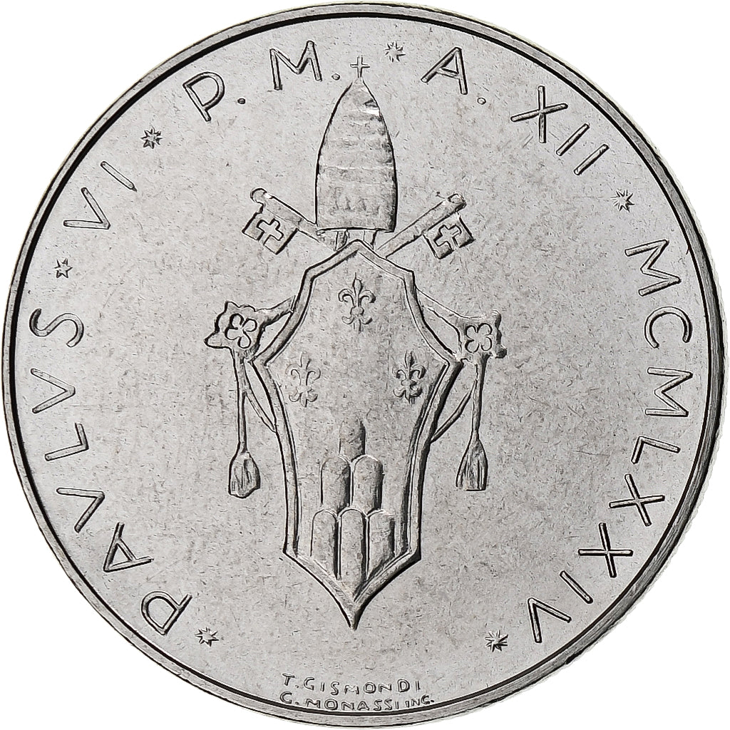 Vatican, Paul VI, 50 Lire, 1974 / Anno XII, Rome, Stainless Steel, MS(63)