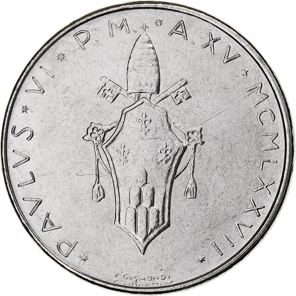 Vaticano, Paul VI, 50 Lire, 1977 / Anno XV, Rome, Aço Inoxidável, MS(63)