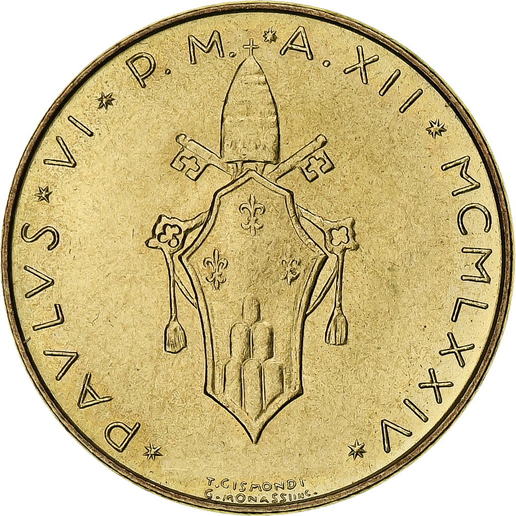 Vaticano, Paul VI, 20 Lire, 1974 / Anno XII, Rome, Alumínio-Bronze, MS(63)