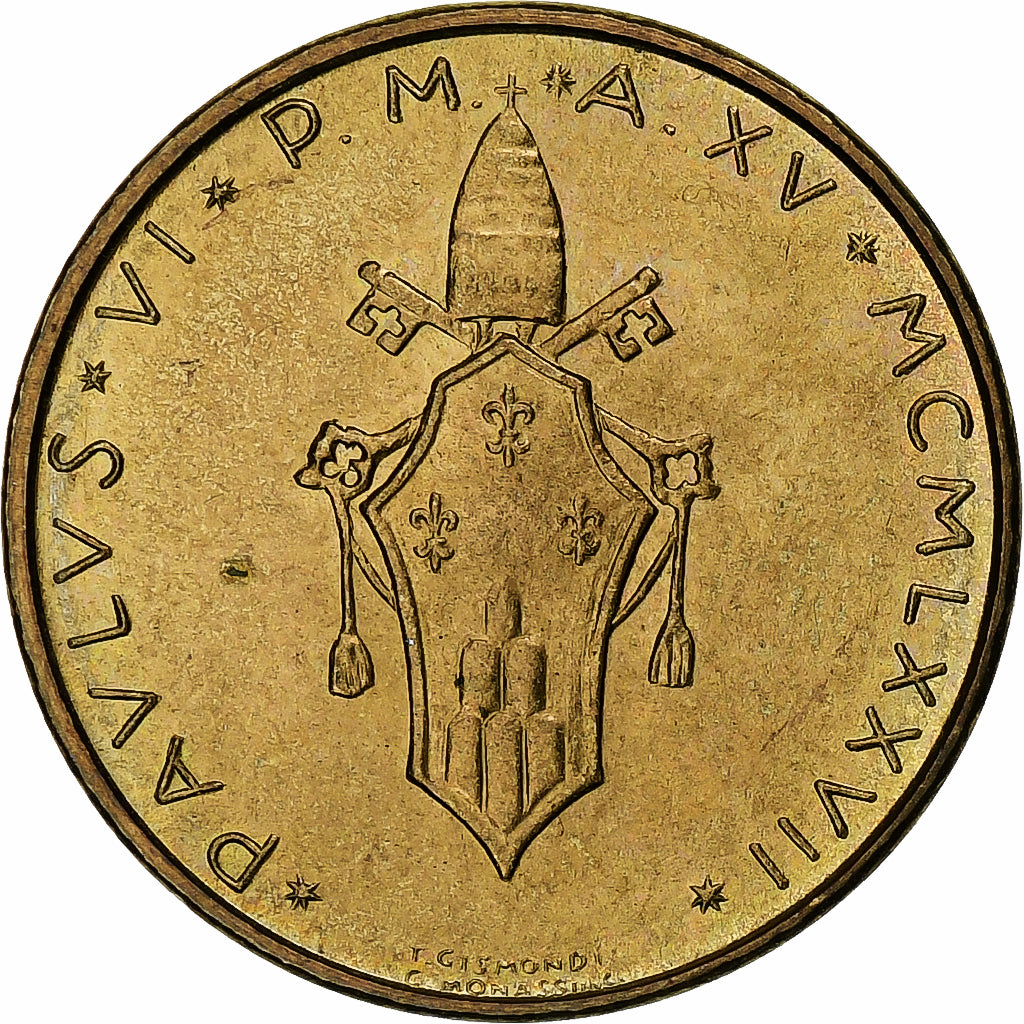 Vaticano, Paul VI, 20 Lire, 1977 / Anno XV, Rome, Alumínio-Bronze, MS(63)