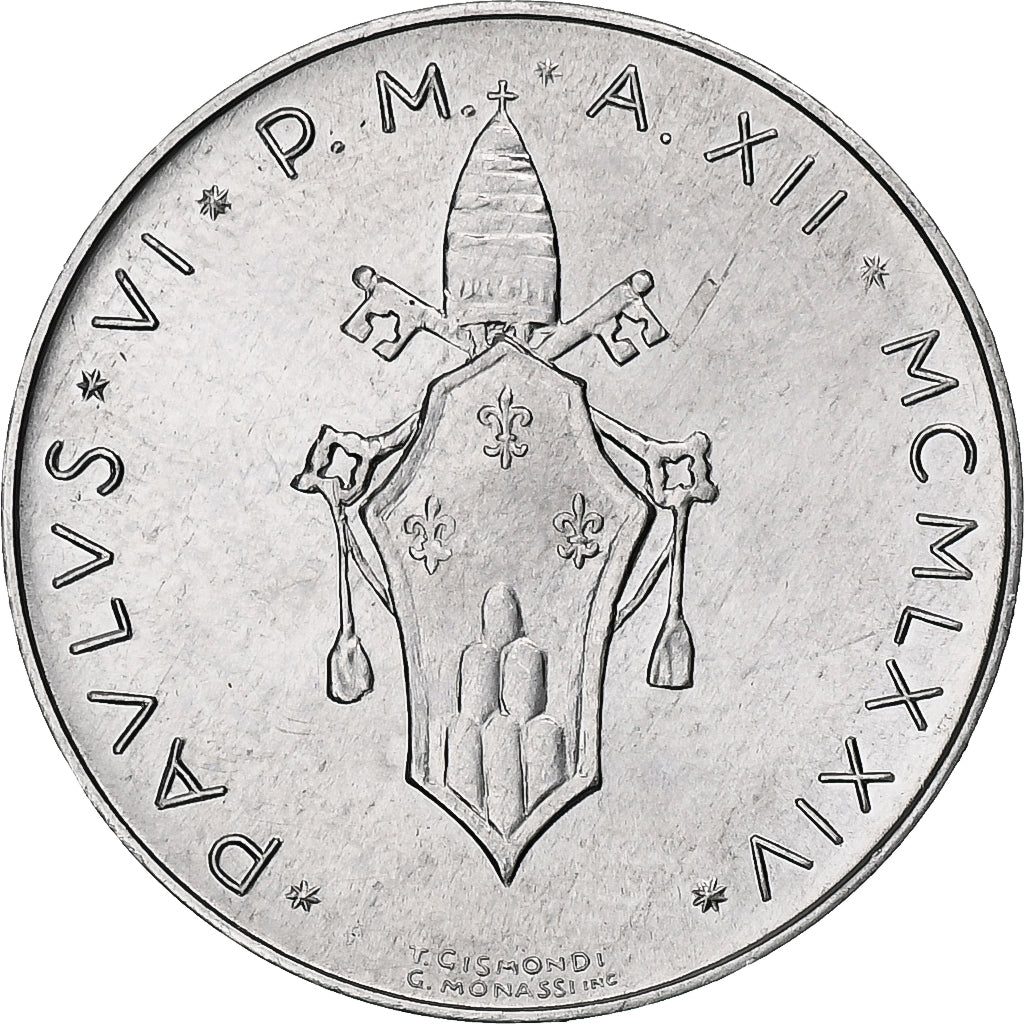 Vaticano, Paul VI, 10 Lire, 1974 / Anno XII, Rome, Alumínio, MS(63), KM:119