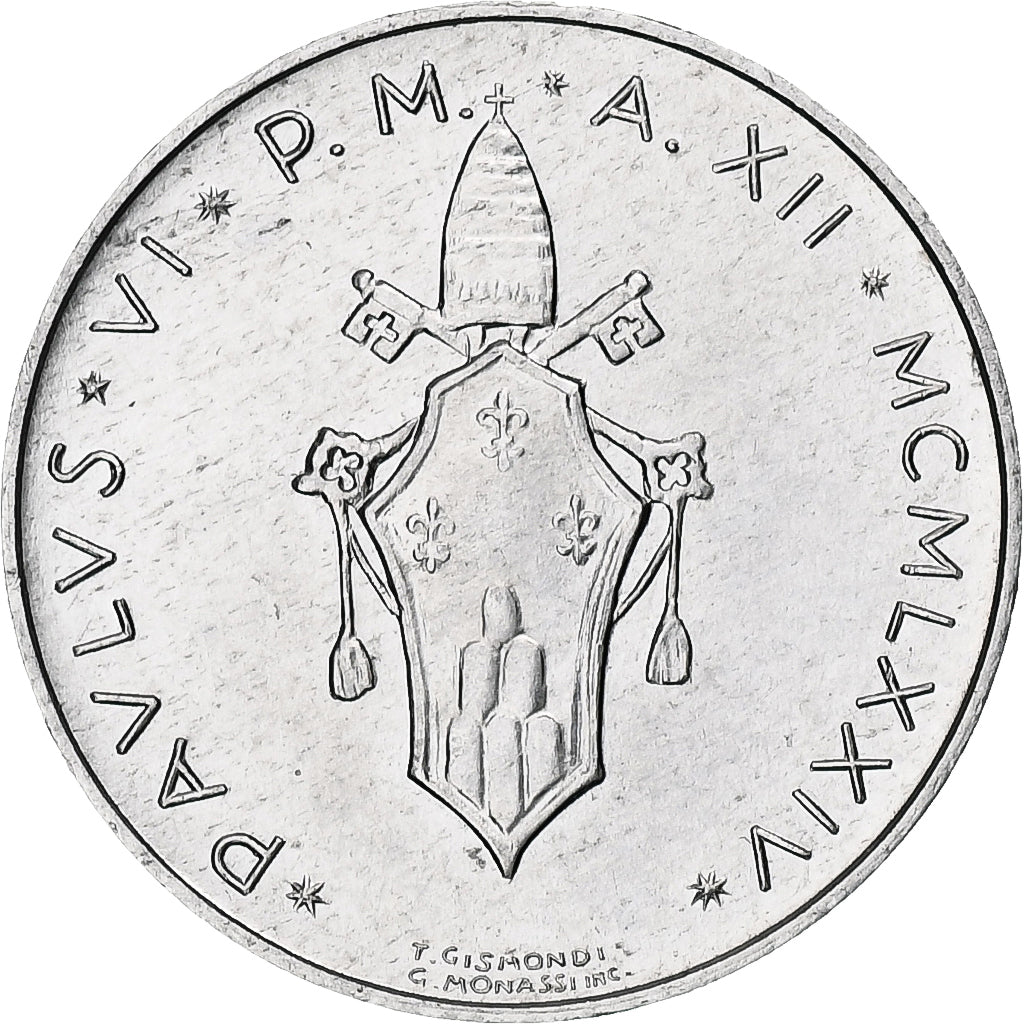 Vaticano, Paul VI, 5 Lire, 1974 / Anno XII, Rome, Alumínio, MS(63), KM:118