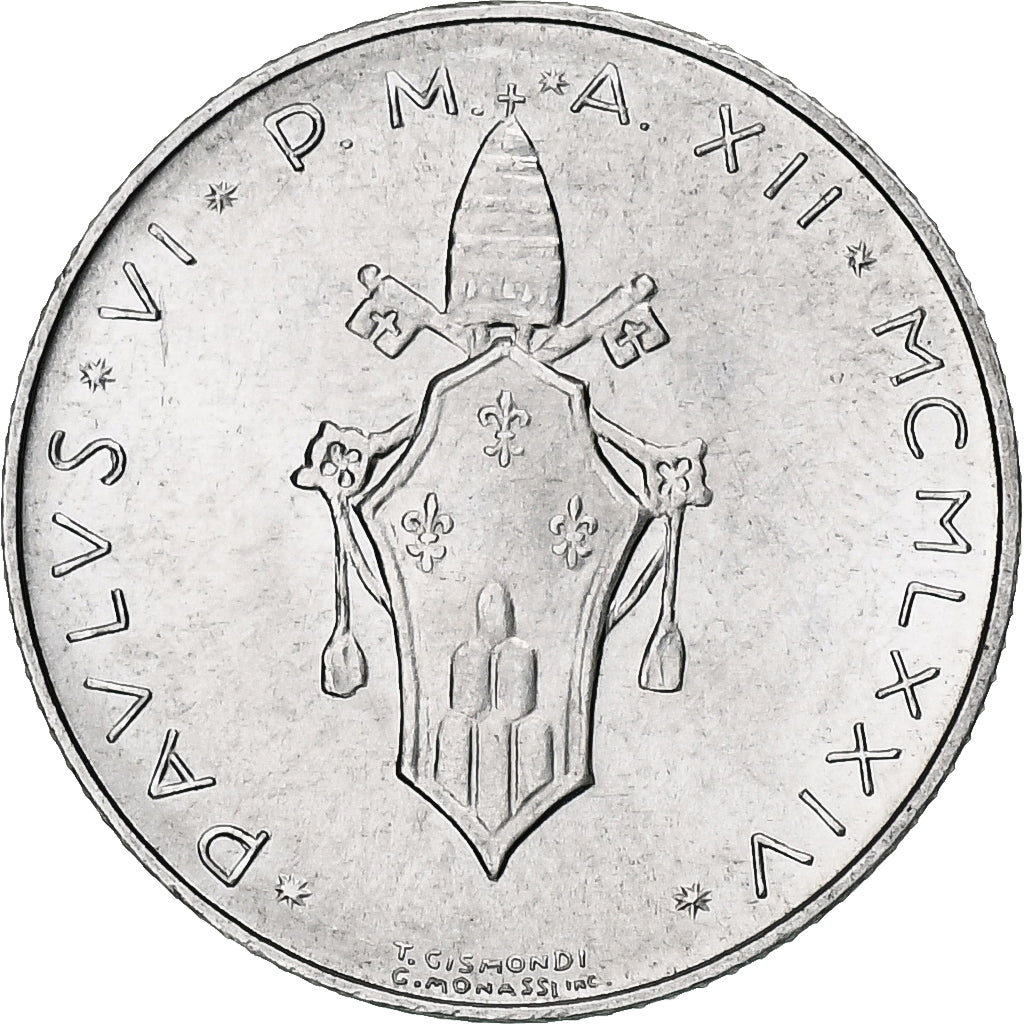 Vaticano, Paul VI, 2 Lire, 1974 / Anno XII, Rome, Alumínio, MS(63), KM:117