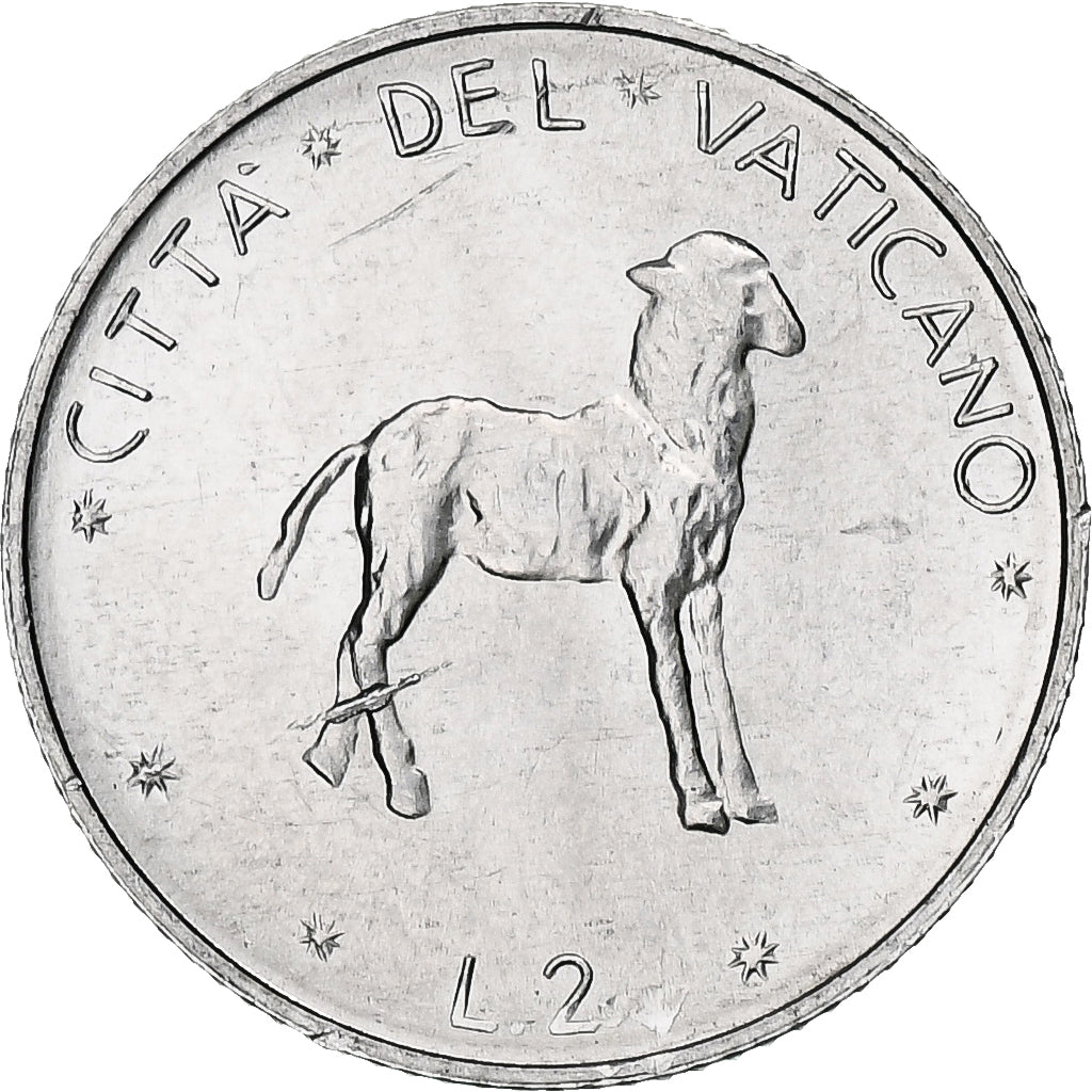 Vaticano, Paul VI, 2 Lire, 1974 / Anno XII, Rome, Alumínio, MS(63), KM:117