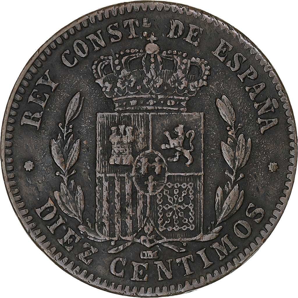 España, Alfonso XII, 10 Centimos, 1878, Barcelona, Cobre, MBC, KM:675