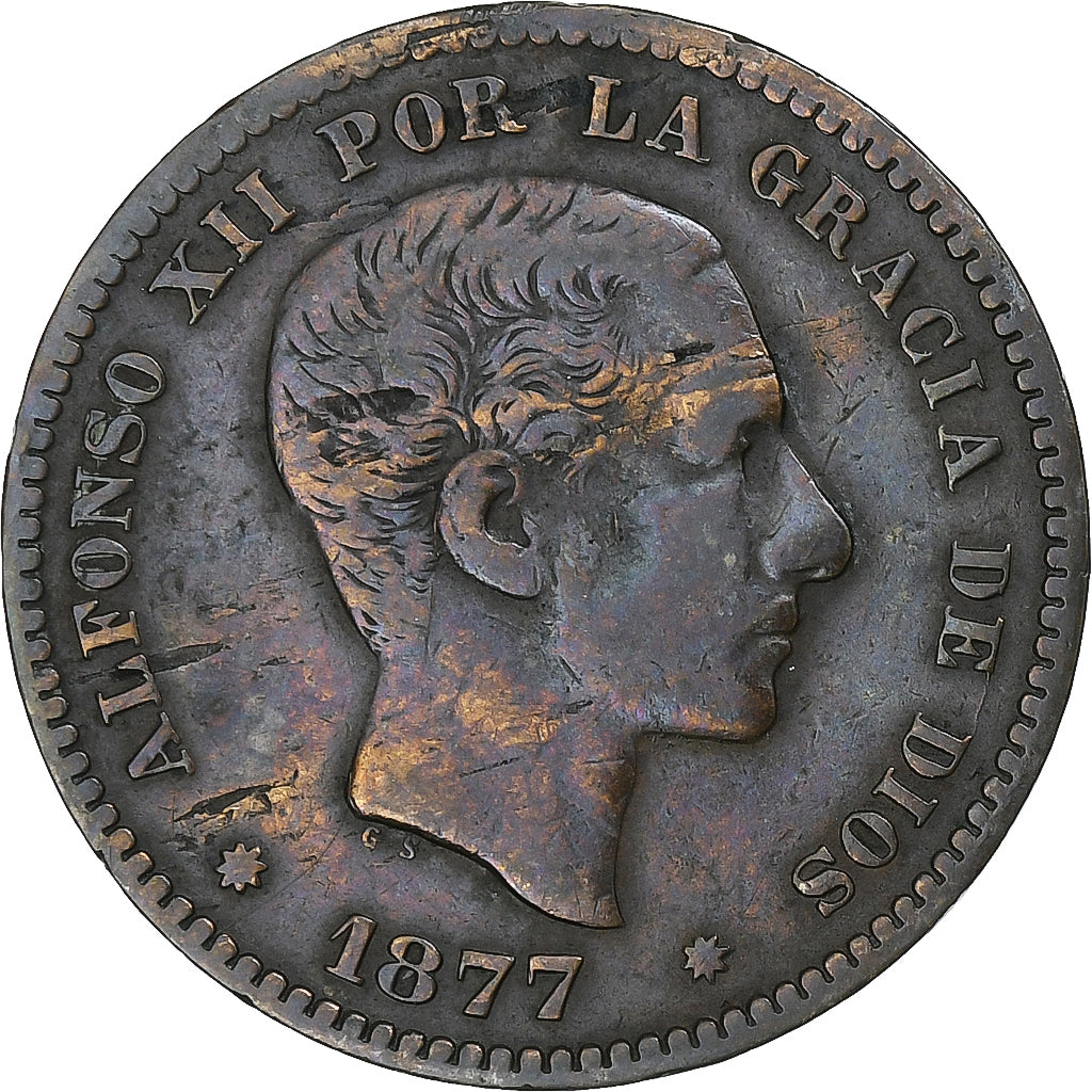 Spain, Alfonso XII, 5 Centimos, 1877, Barcelona, Copper, EF(40-45), KM:674