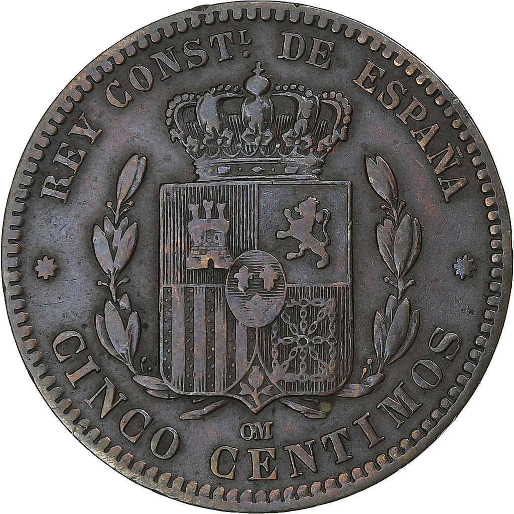 Spain, Alfonso XII, 5 Centimos, 1877, Barcelona, Copper, EF(40-45), KM:674