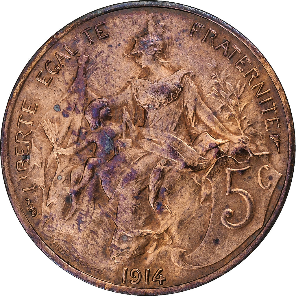 França, 5 Centimes, Daniel-Dupuis, 1914, Paris, Bronze, AU(55-58), Gadoury:165