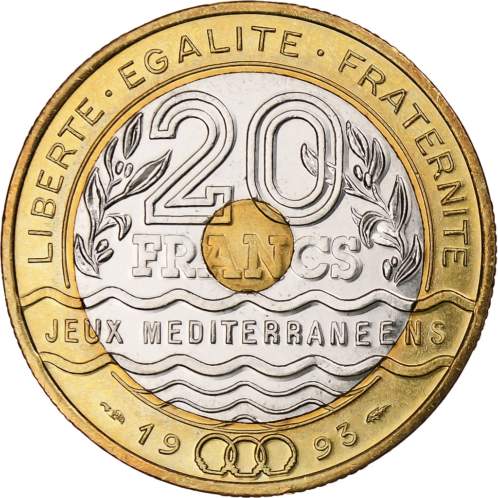 Francia, 20 Francs, Jeux Méditerranéens, 1993, Pessac, Trimetálico, EBC