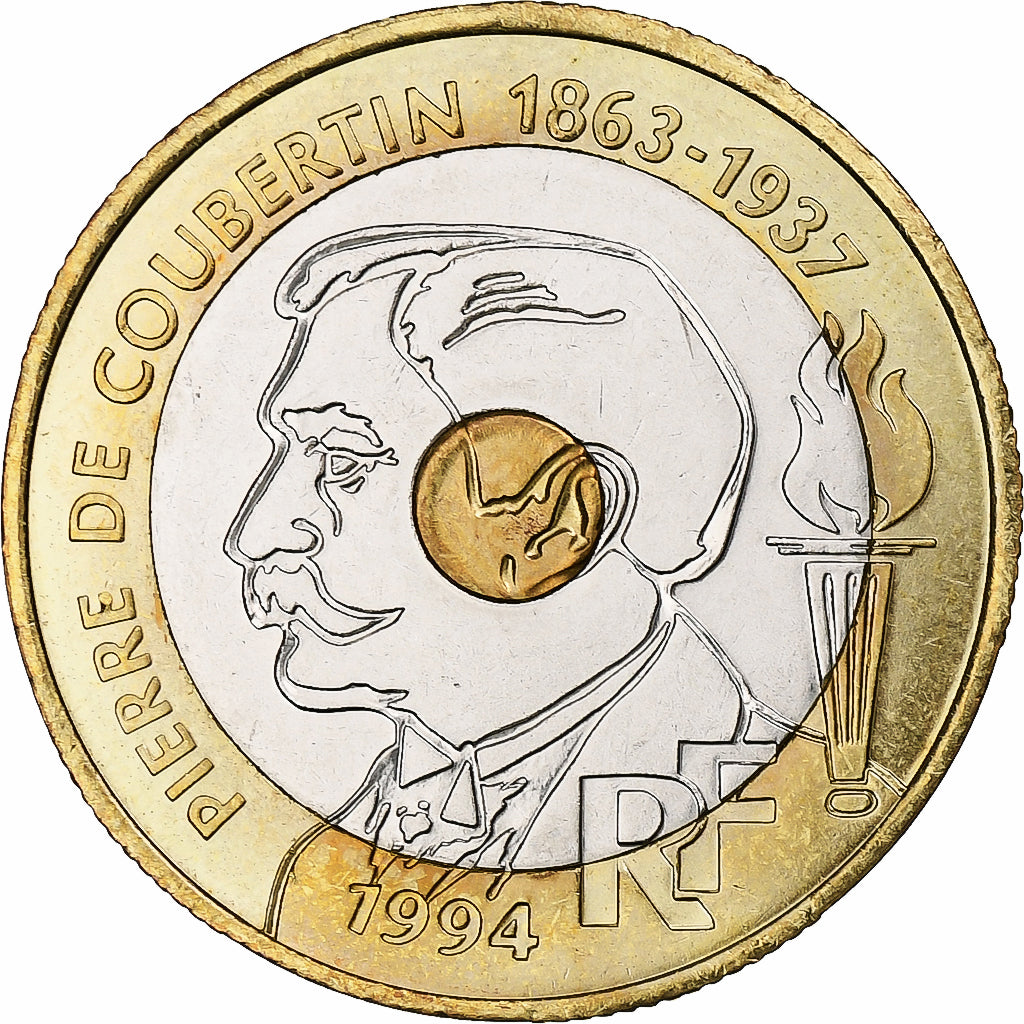 France, 20 Francs, Pierre de Coubertin, 1994, Pessac, Tri-Metallic, SUP
