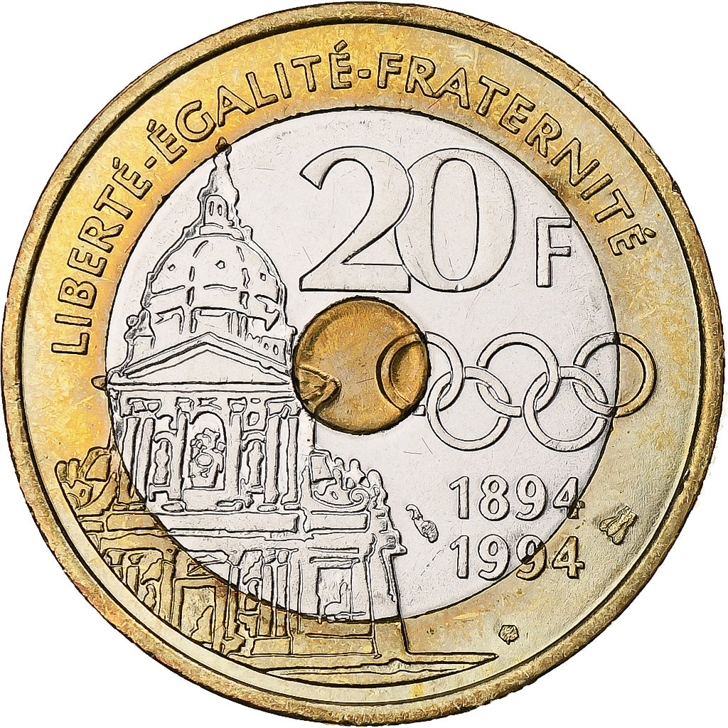 France, 20 Francs, Pierre de Coubertin, 1994, Pessac, Tri-Metallic, SUP