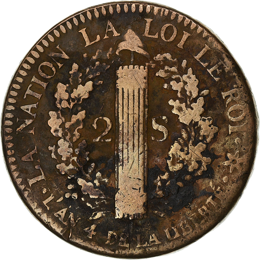 Francia, Louis XVI, 2 sols Français, 1792 / AN 4, Strasbourg, Cobre, BC+