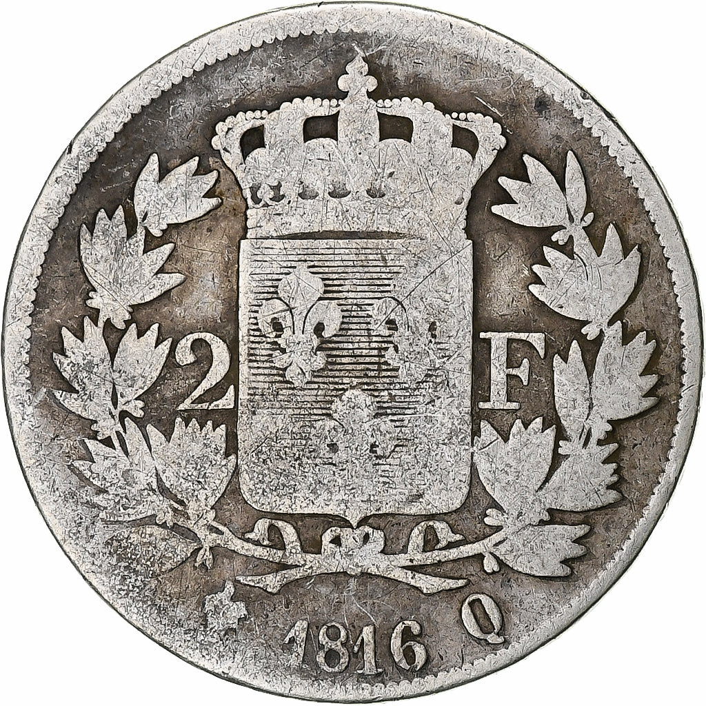 Francia, Louis XVIII, 2 Francs, 1816, Perpignan, Plata, BC+, Gadoury:513