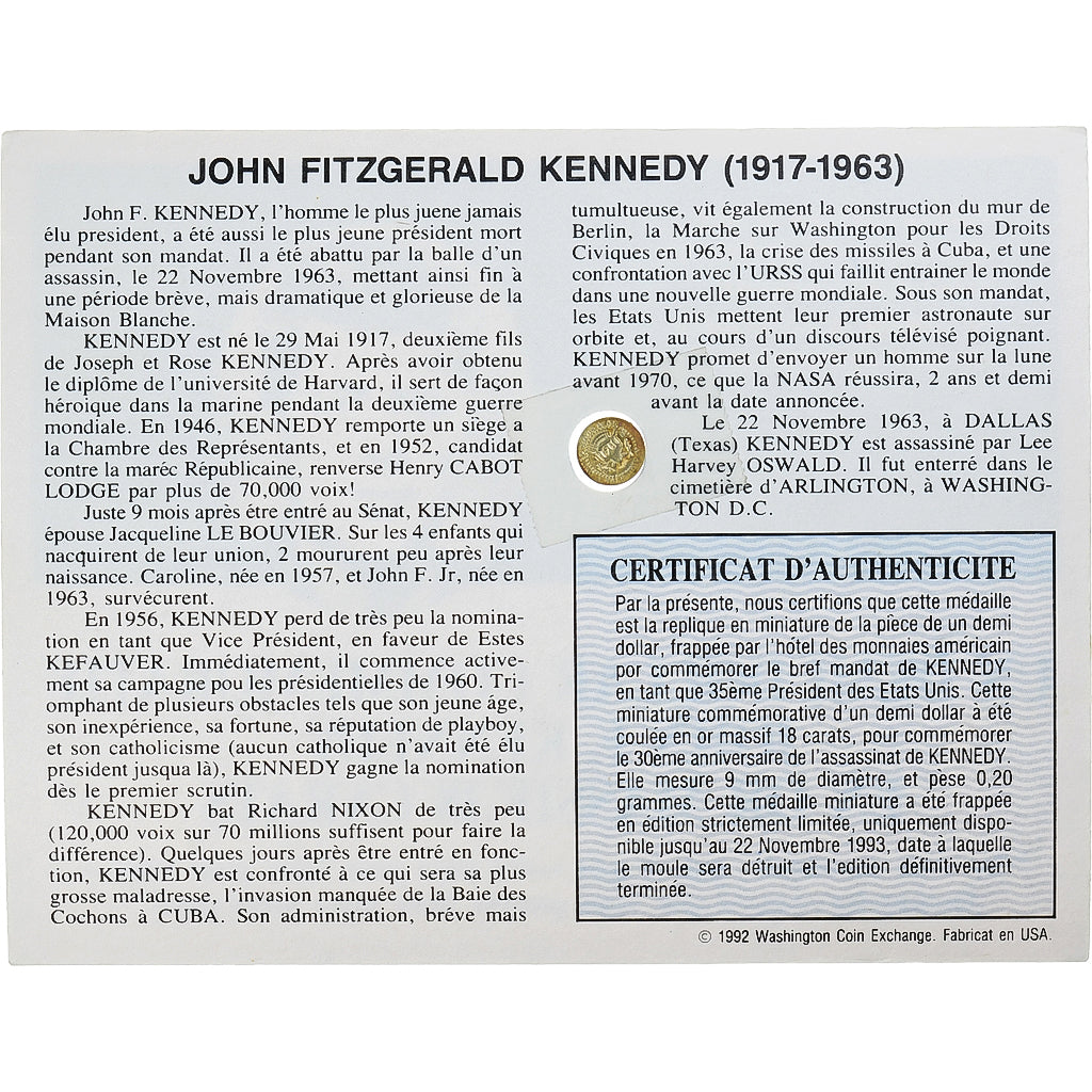 États-Unis, Médaille, John Fitzgerald Kennedy, 1993, Or, TTB