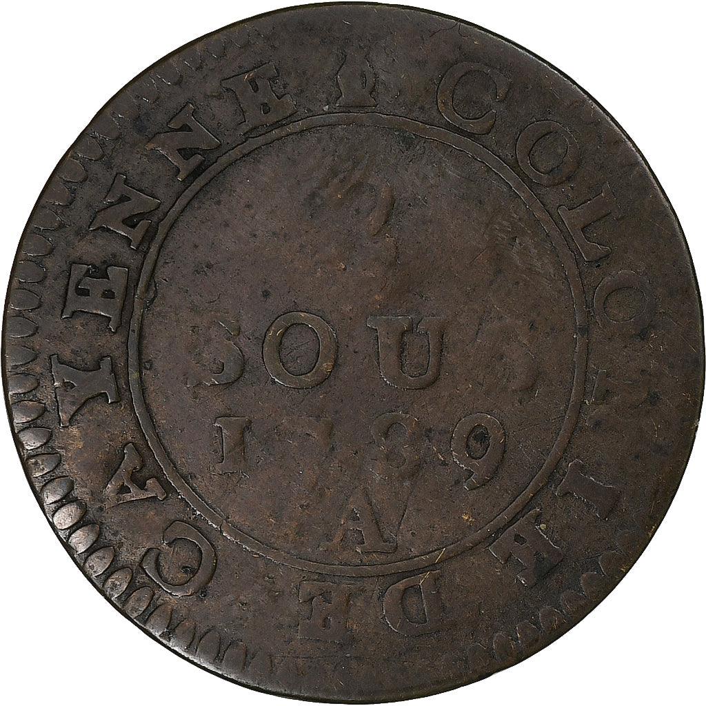 Guinea francese, Louis XVI, 2 Sous, 1789, Paris, Biglione, MB, KM:1