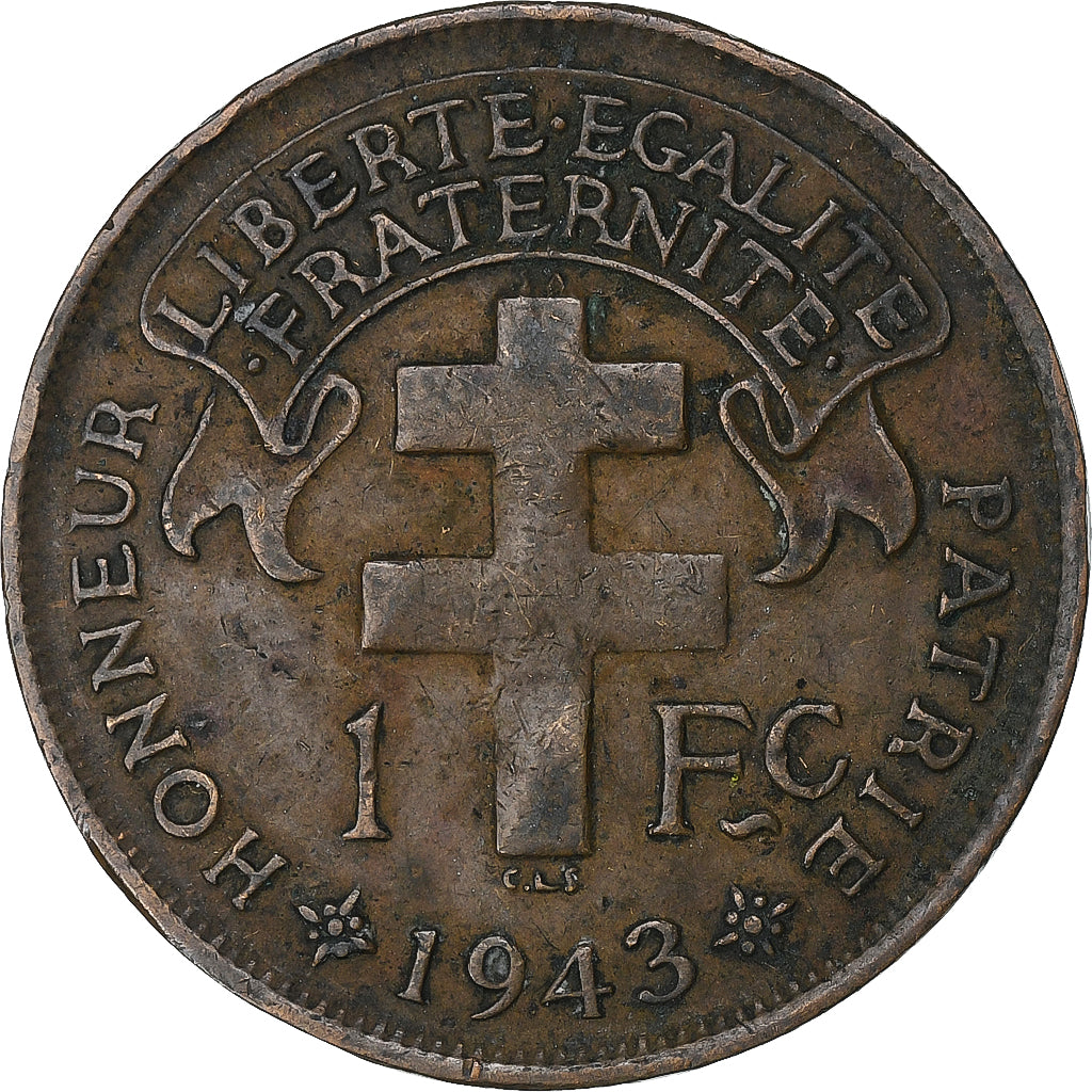 Madagascar, France libre, Franc, 1943, Pretoria, Bronze, TB+, KM:2