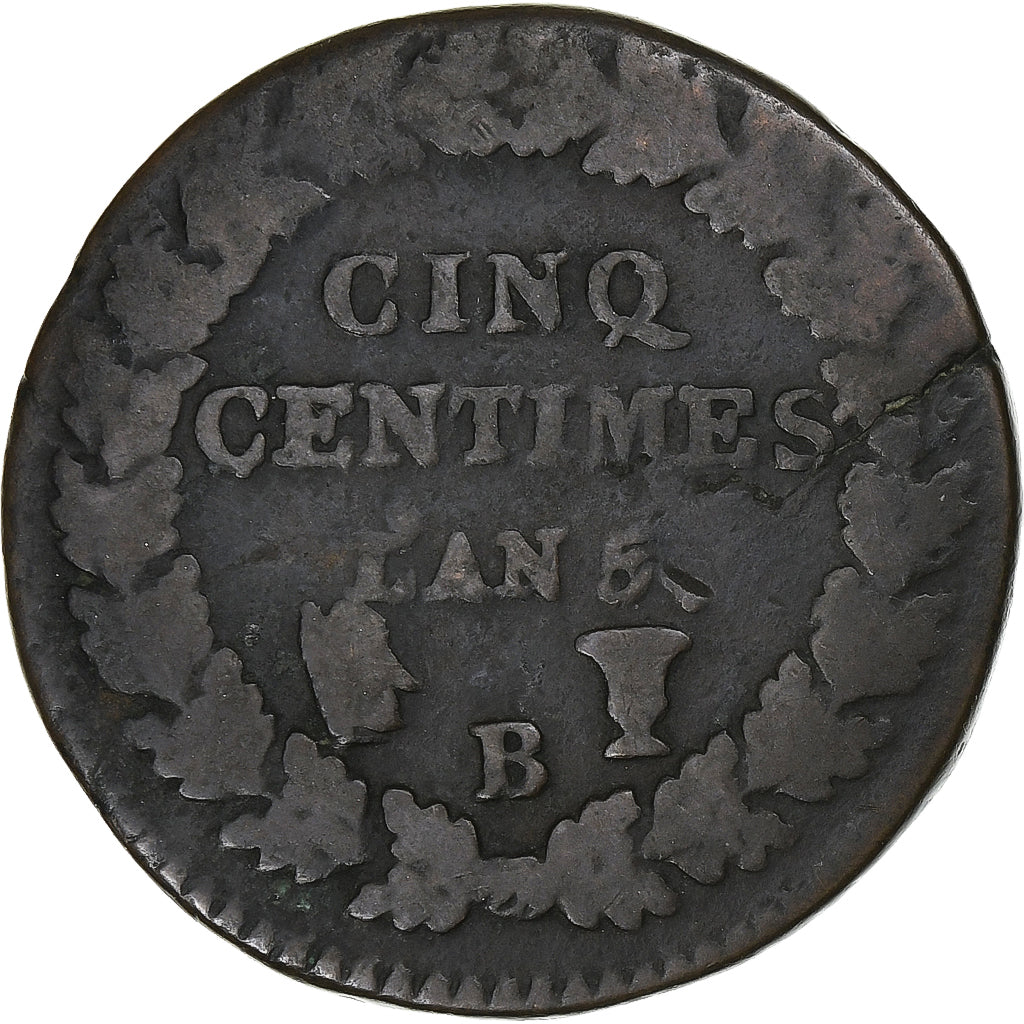 Francia, 5 Centimes, Dupré, AN 5, Rouen, Rame, MB, Gadoury:126, KM:640