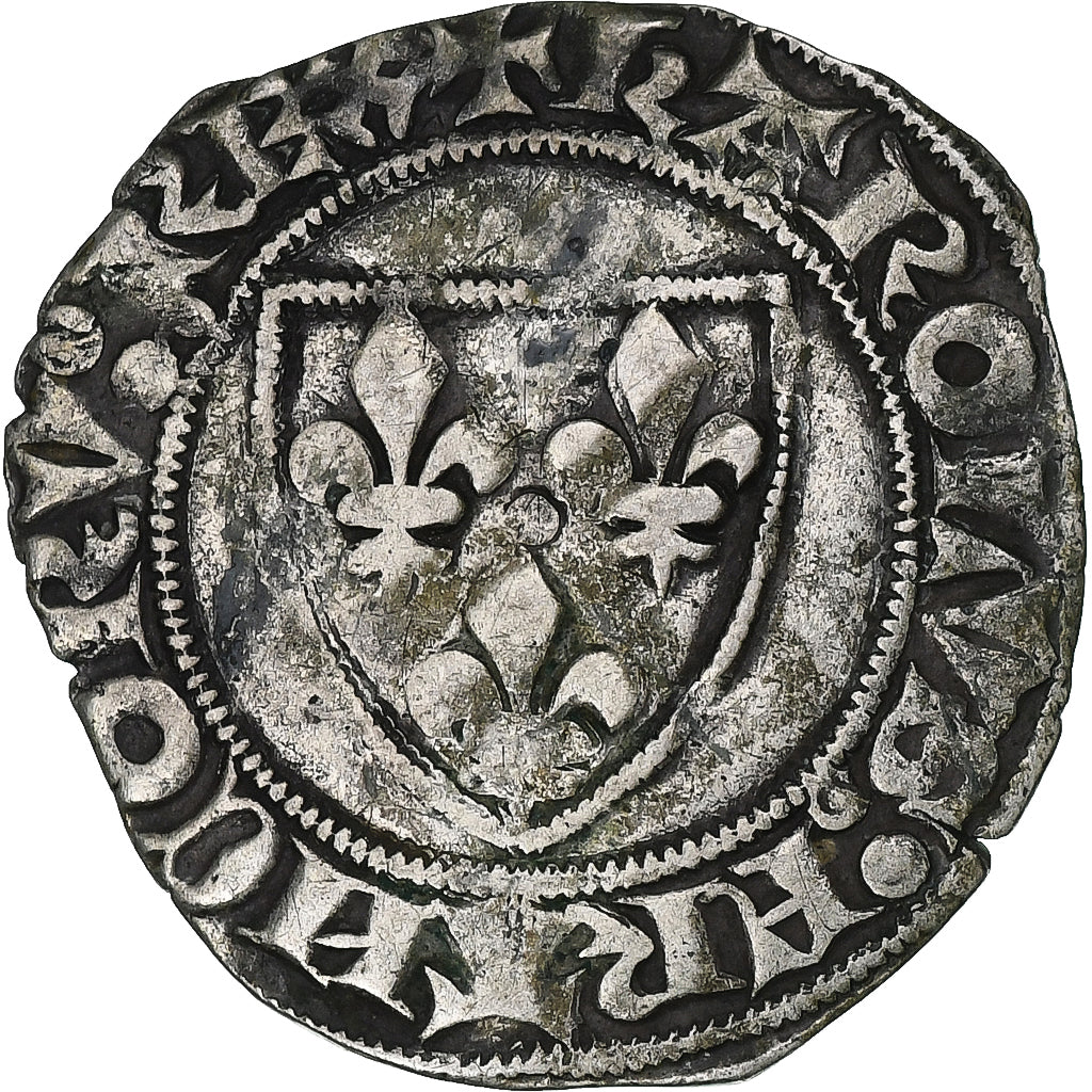 France, Charles VI, Blanc Guénar, Romans, Billon, TB+, Gadoury:377