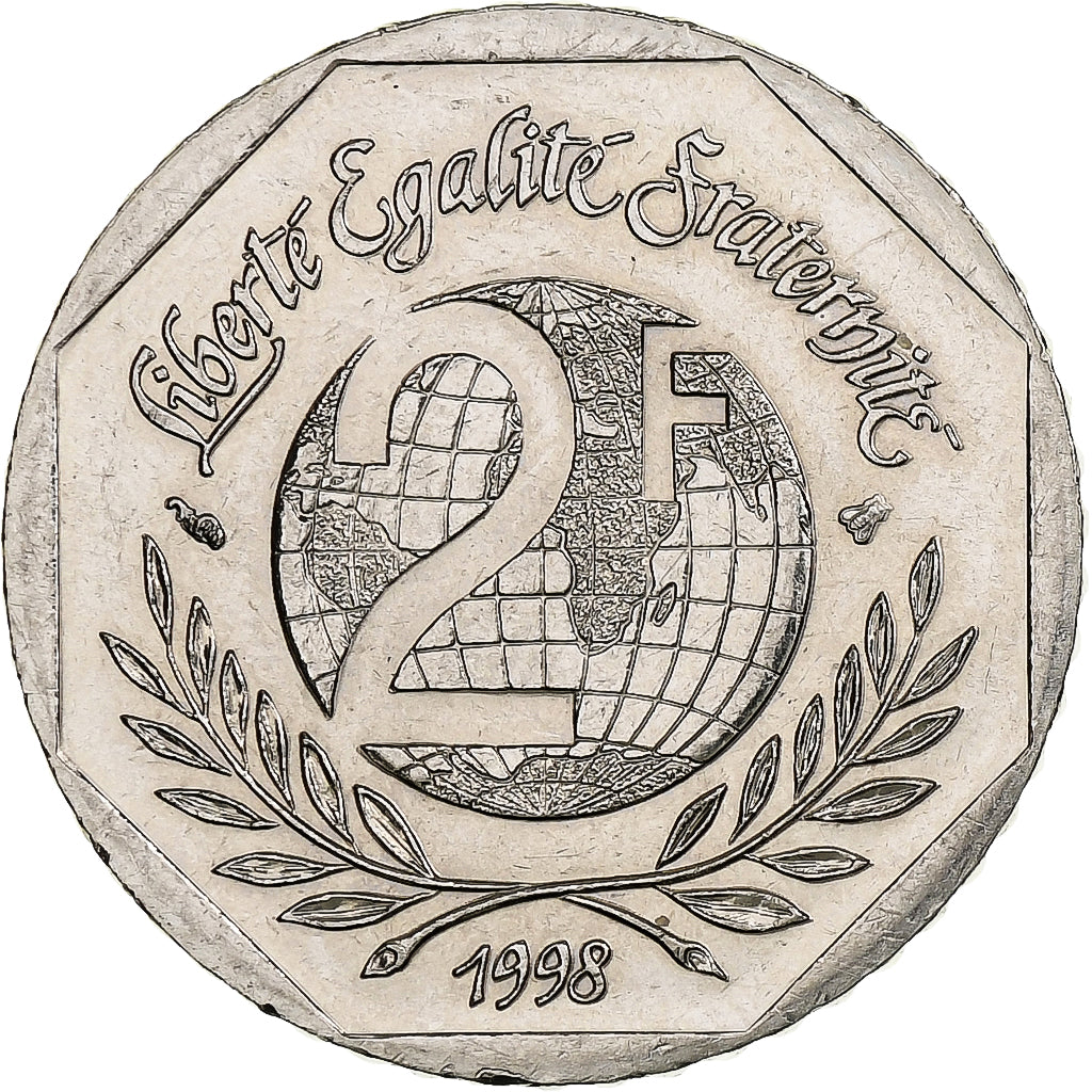 França, 2 Francs, René Cassin, 1998, Pessac, Níquel, AU(55-58), Gadoury:551