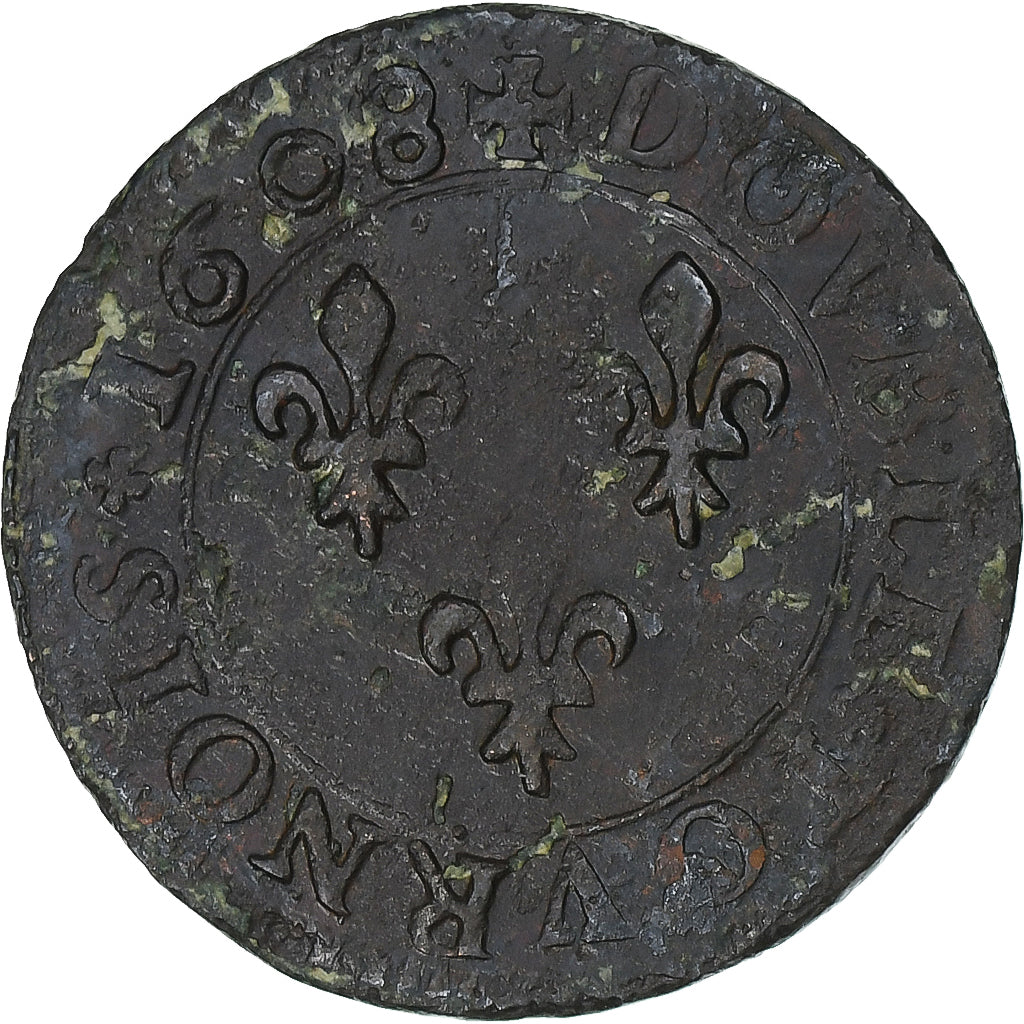 França, Henri IV, Double Tournois, 1608, Lyon, Cobre, VF(30-35), Gadoury:538