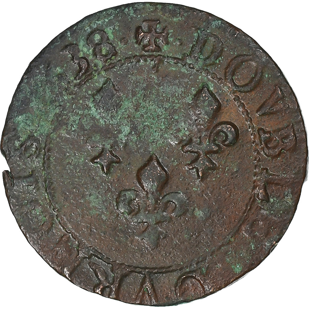França, Louis XIII, Double Tournois, 1638, Troyes, Cobre, VF(20-25), Gadoury:11