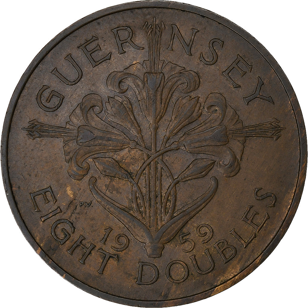 Guernesey, Elizabeth II, 8 Doubles, 1959, London, Bronze, AU(55-58), KM:16