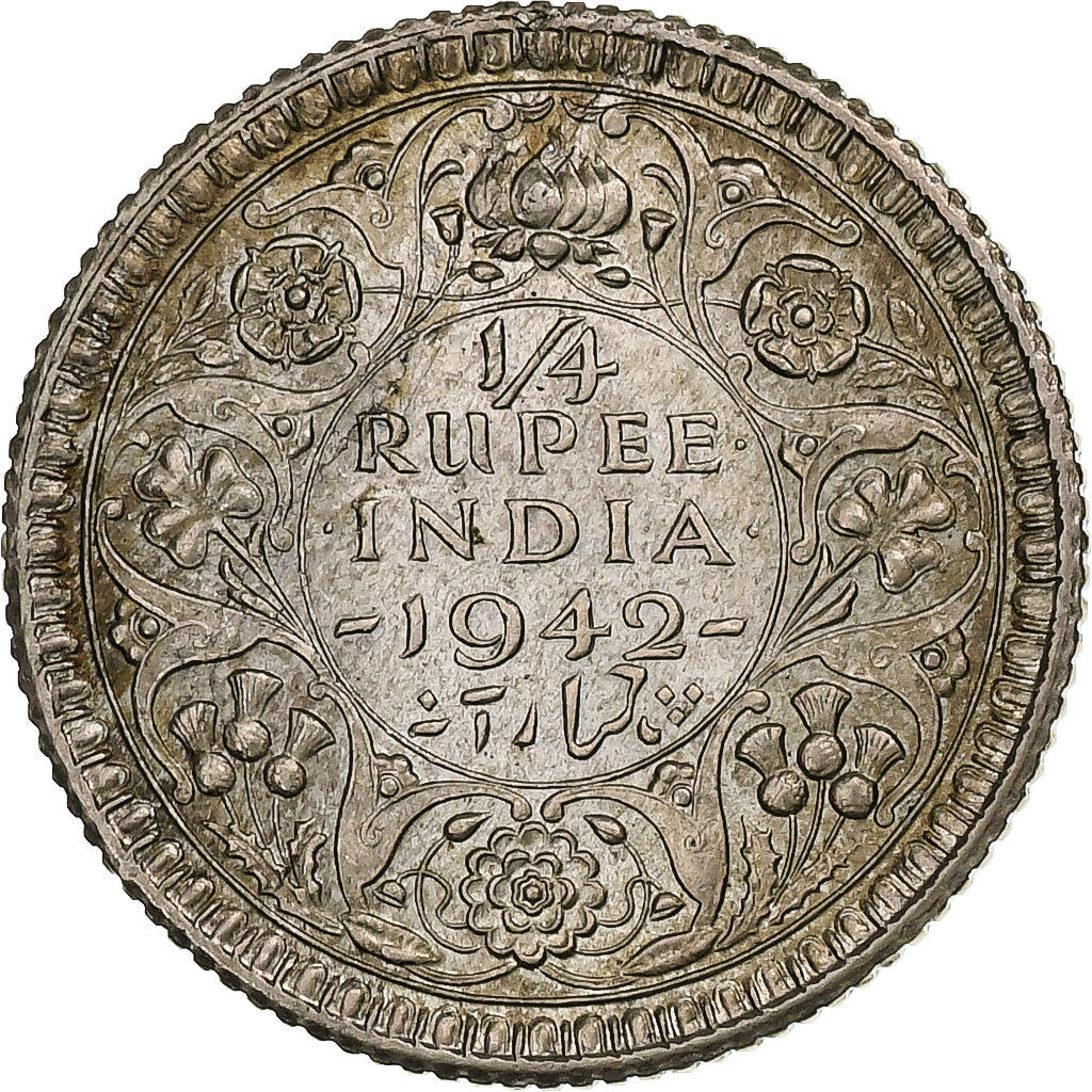 India-British, George VI, 1/4 Rupee, 1942, Calcutta, Silver, AU(50-53), KM:546