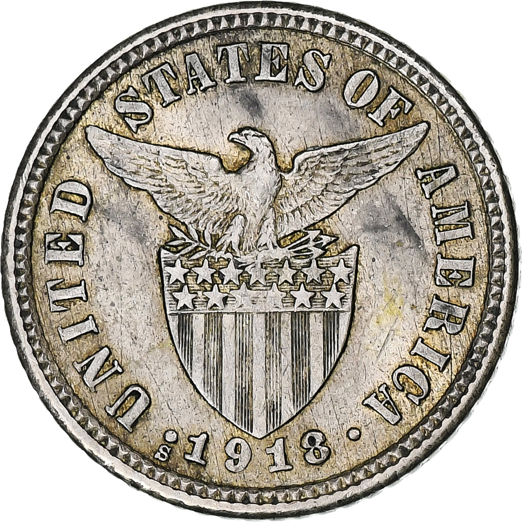 Philippines, 10 Centavos, 1918, San Francisco, Silver, EF(40-45), KM:169
