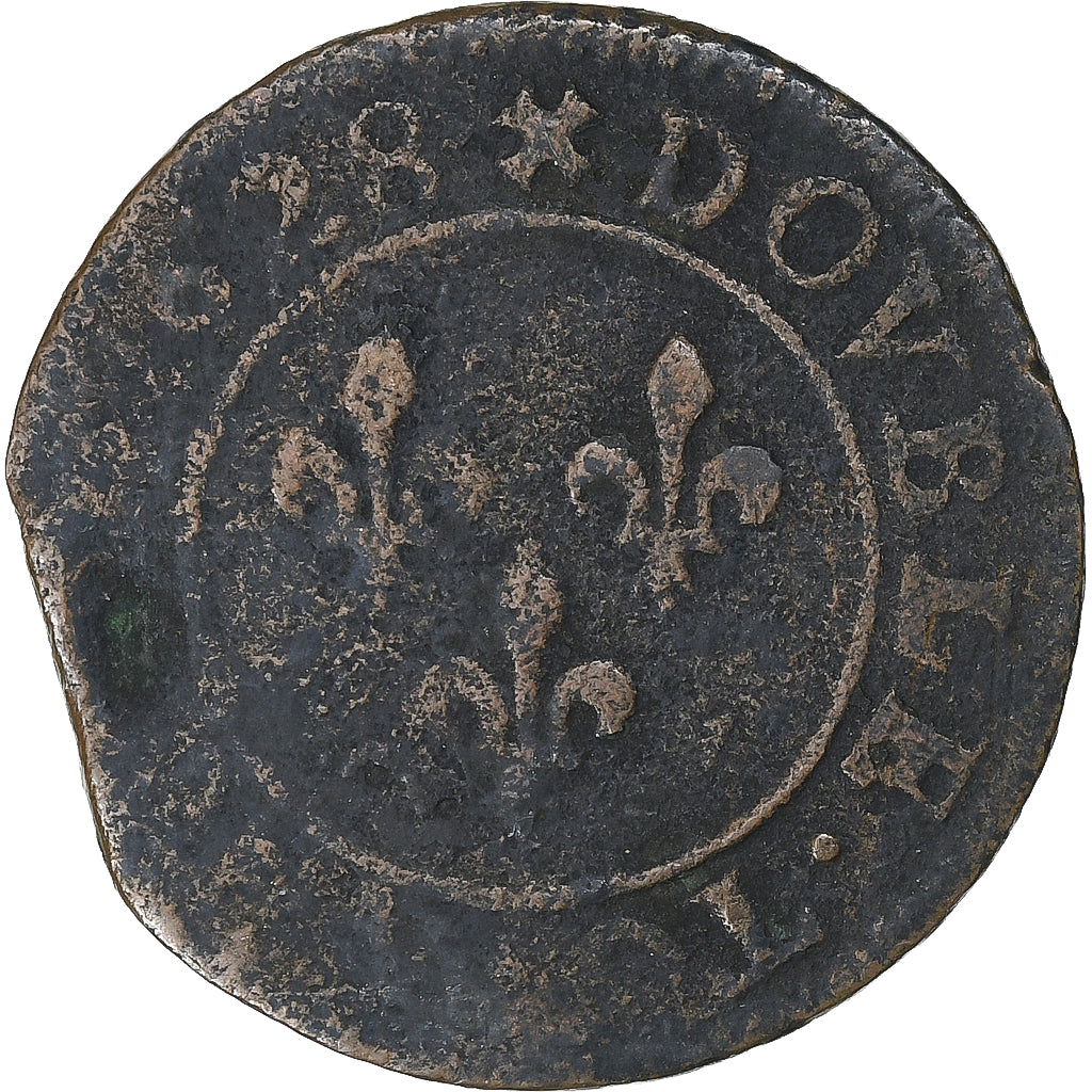 França, Louis XIII, Double Tournois, 1628, Lyon, Cobre, VF(20-25), Gadoury:8