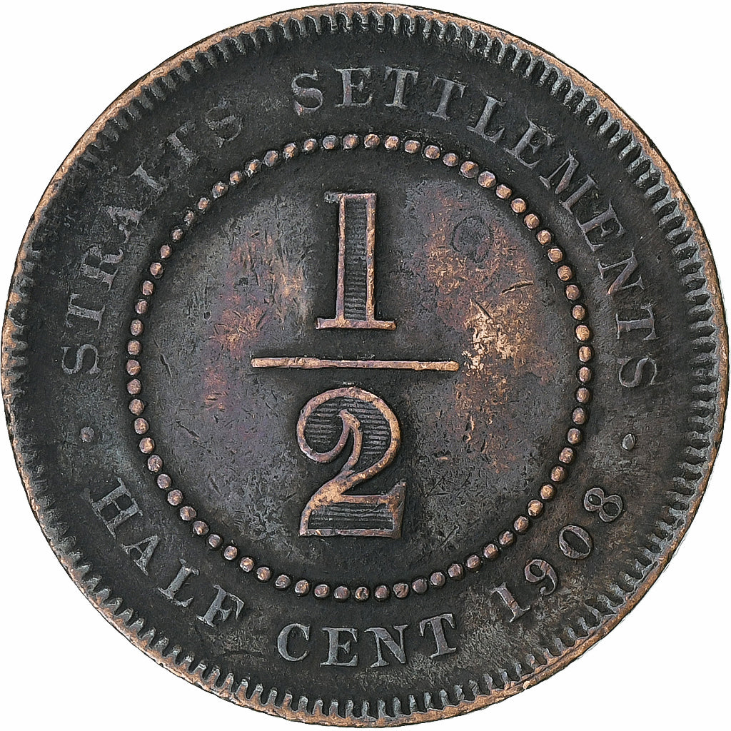 Straits Settlements, Edward VII, 1/2 Cent, 1908, Calcutta, Miedź, EF(40-45)