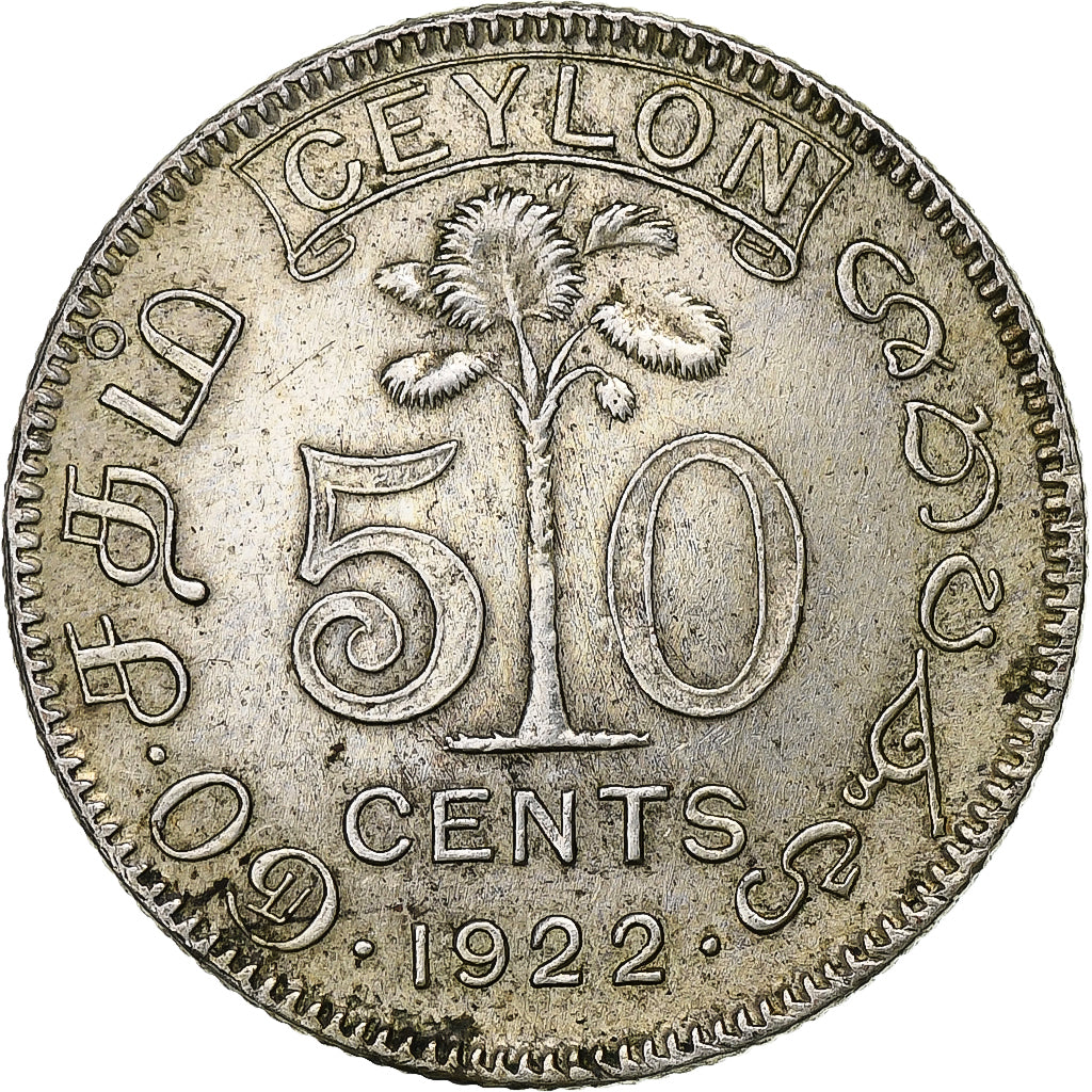 Ceylon, George V, 50 Cents, 1922, Calcutta, Silver, AU(50-53), KM:109a