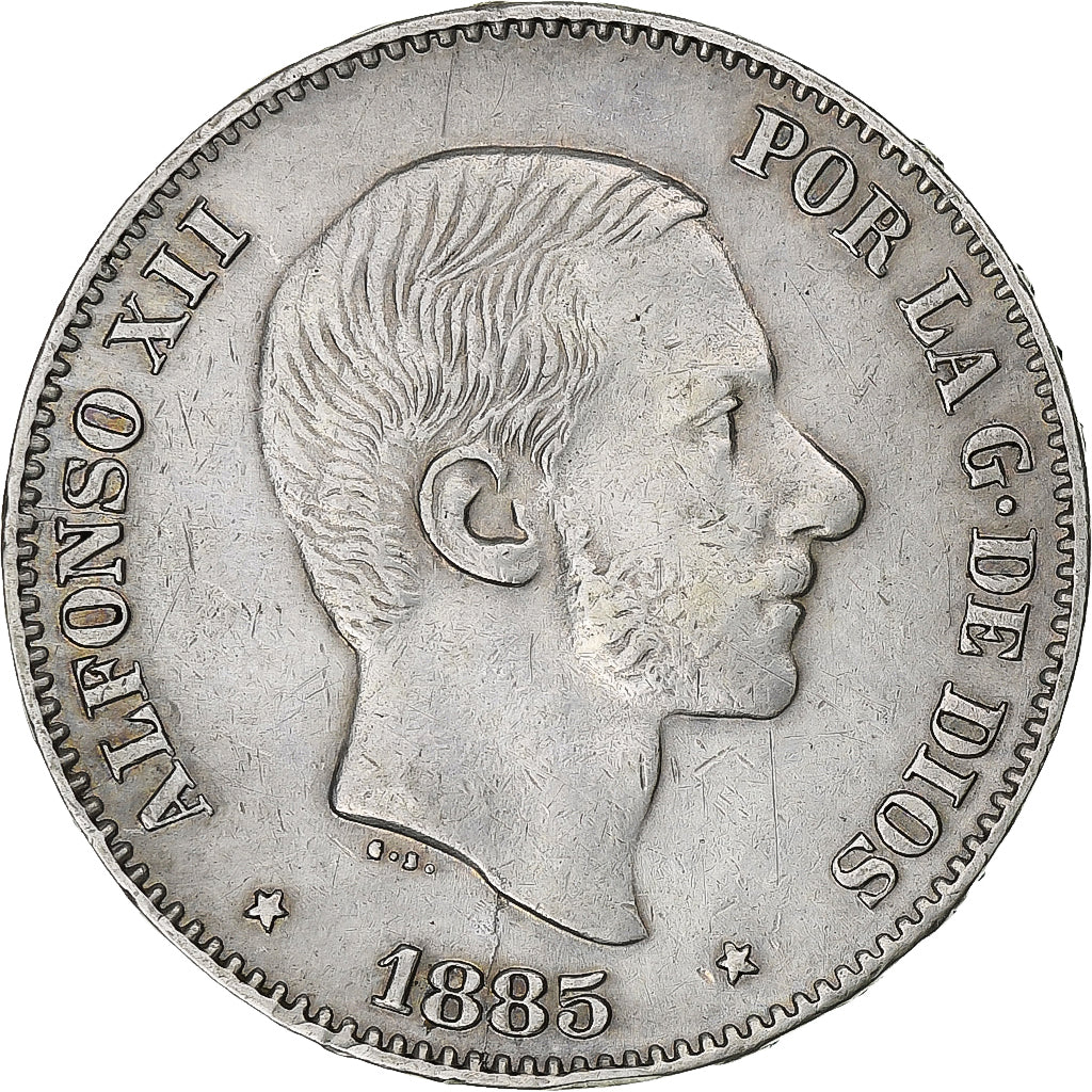 España, Philippines, Alfonso XII, 50 Centimos, 1885, Manila, Plata, MBC+