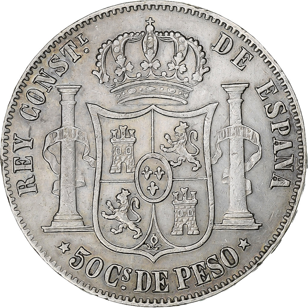 España, Philippines, Alfonso XII, 50 Centimos, 1885, Manila, Plata, MBC+