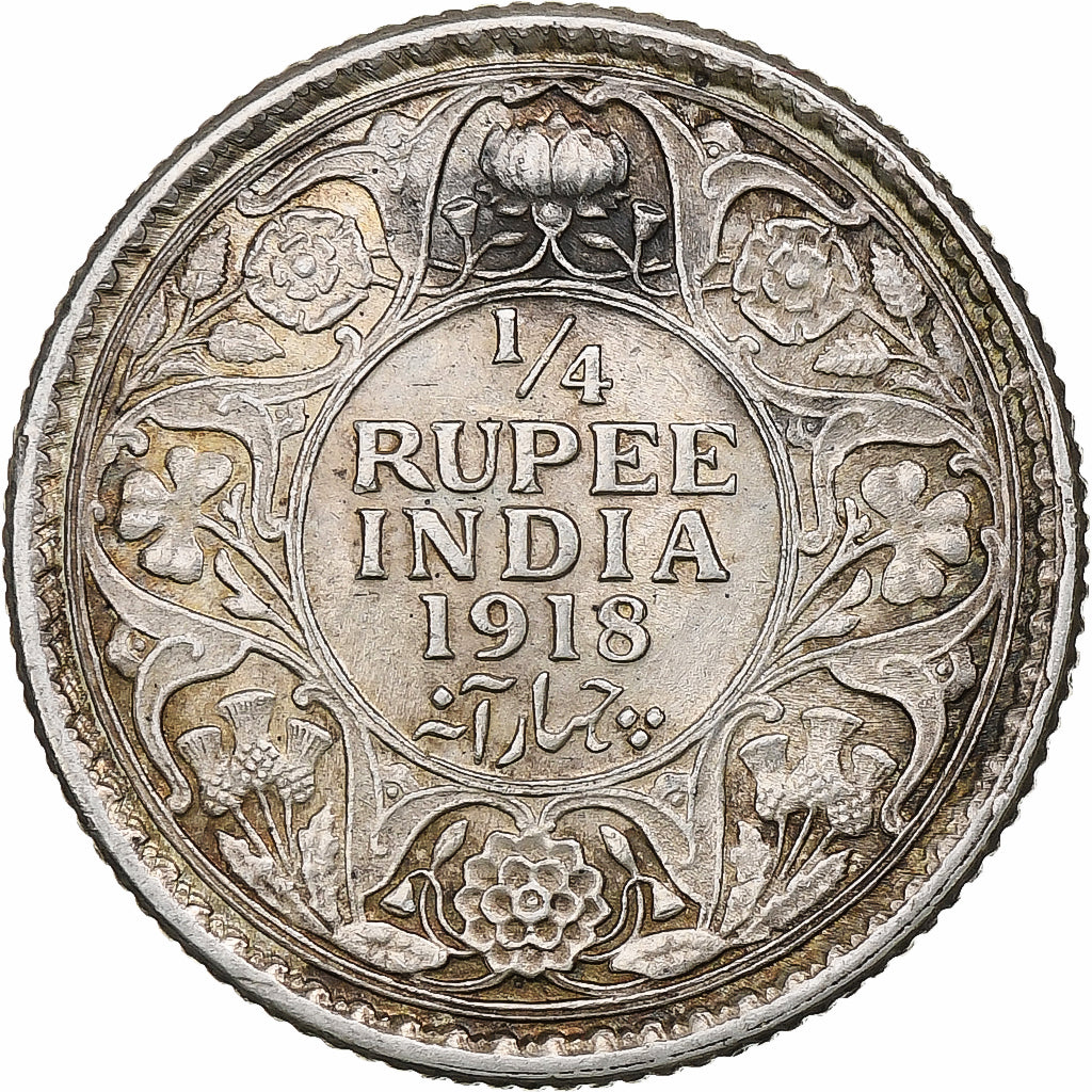 INDIA - BRITANNICA, George V, 1/4 Rupee, 1918, Calcutta, Argento, BB+, KM:518