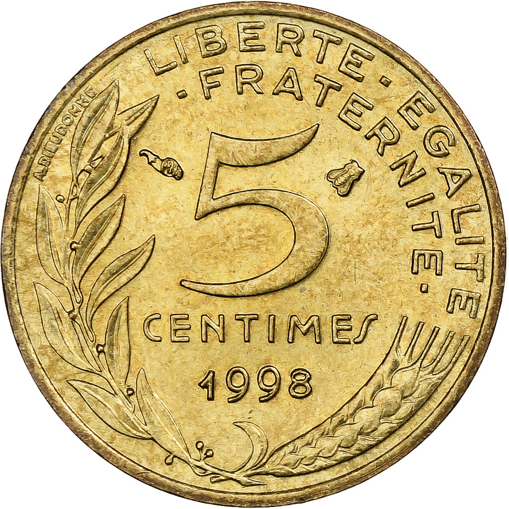 France, 5 Centimes, Marianne, 1998, Pessac, Aluminum-Bronze, AU(50-53)