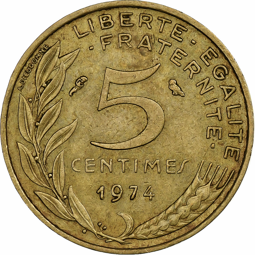 France, 5 Centimes, Marianne, 1974, Pessac, Aluminum-Bronze, EF(40-45)