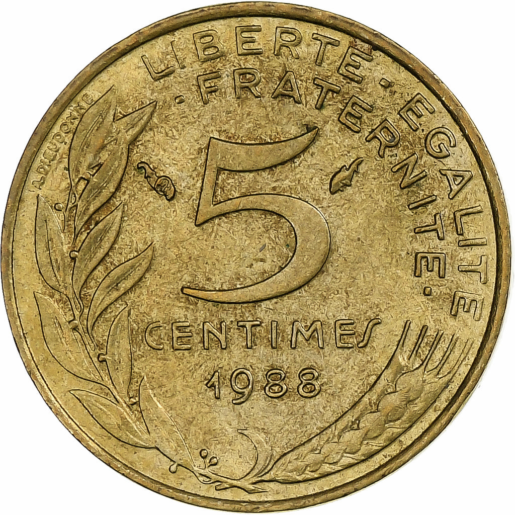 France, 5 Centimes, Marianne, 1988, Pessac, Aluminum-Bronze, EF(40-45)