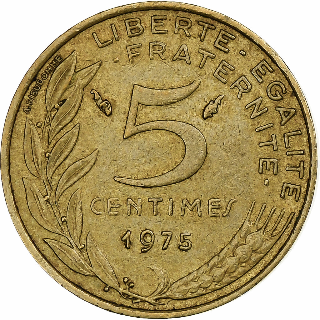 Francia, 5 Centimes, Marianne, 1975, Pessac, Alluminio-bronzo, BB, Gadoury:175