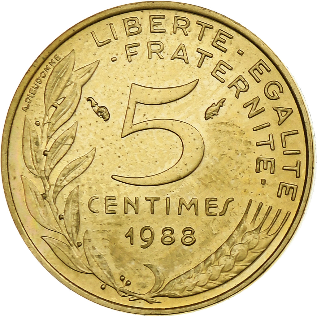 France, 5 Centimes, Marianne, 1988, Pessac, BU, Aluminum-Bronze, MS(60-62)