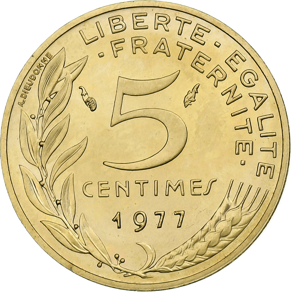 Frankreich, 5 Centimes, Marianne, 1977, Pessac, Aluminum-Bronze, VZ+
