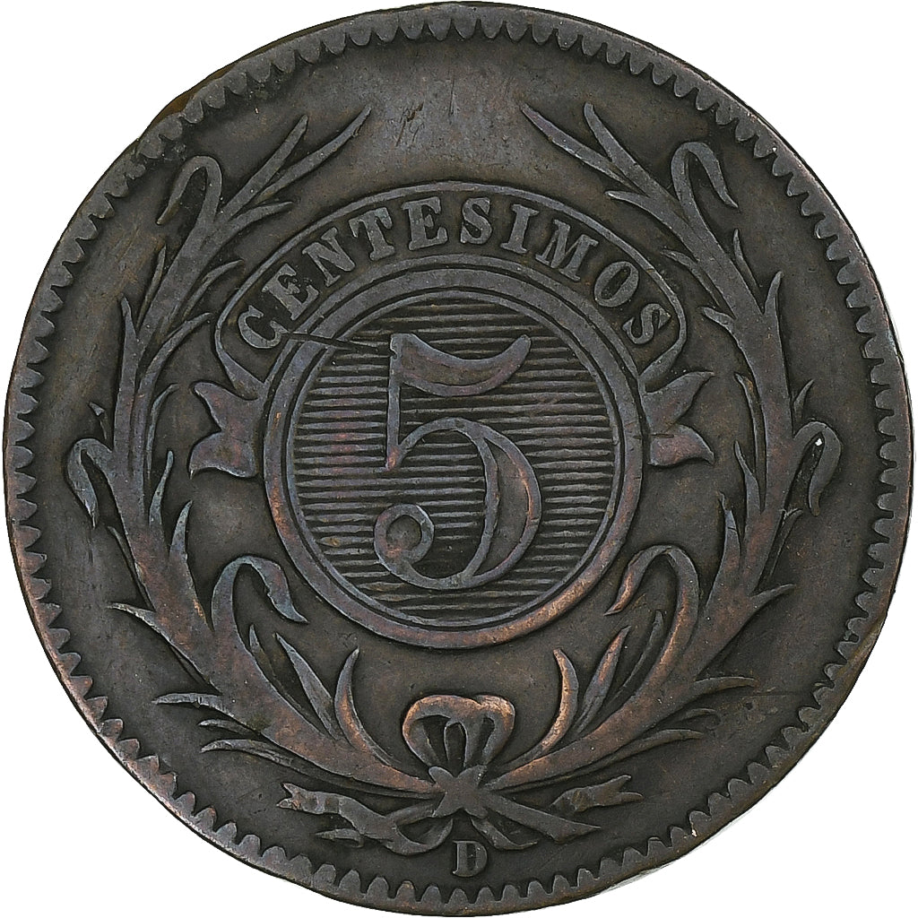 Uruguay, 5 Centesimos, 1857, Lyon, Copper, EF(40-45), KM:8