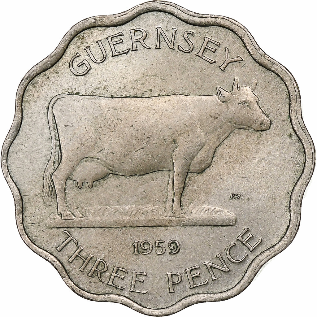 Guernesey, Elizabeth II, 3 Pence, 1959, London, Cobre-níquel, AU(50-53), KM:18