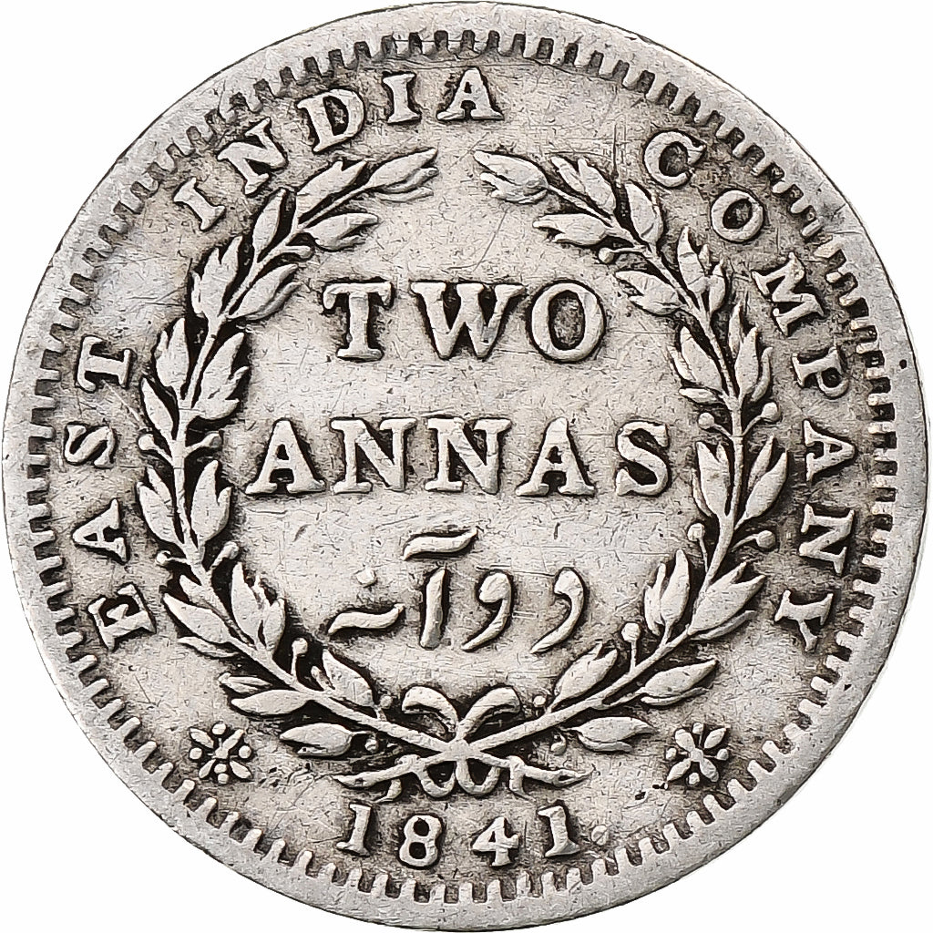India-British, Victoria, 2 Annas, 1841, Bombay, Silver, VF(20-25), KM:459