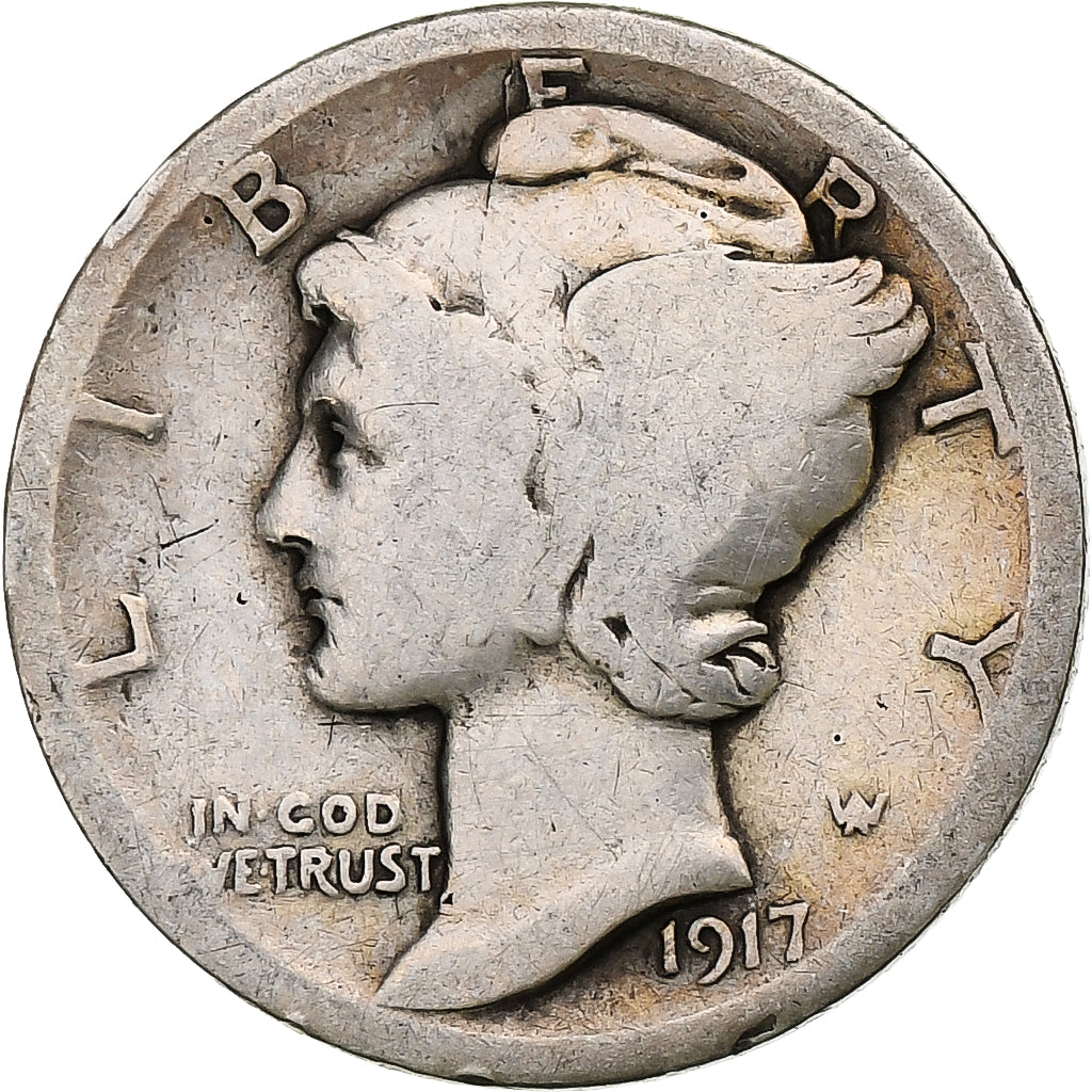 Estados Unidos da América, Dime, Mercury, 1917, Denver, Prata, VF(20-25)